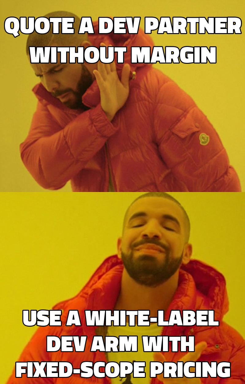 Quote a dev partner without margin Use a white-label dev arm with fixed-scope pricing