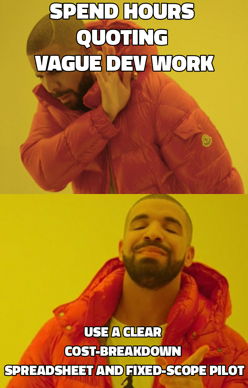 Spend hours quoting vague dev work Use a clear cost-breakdown spreadsheet and fixed-scope pilot