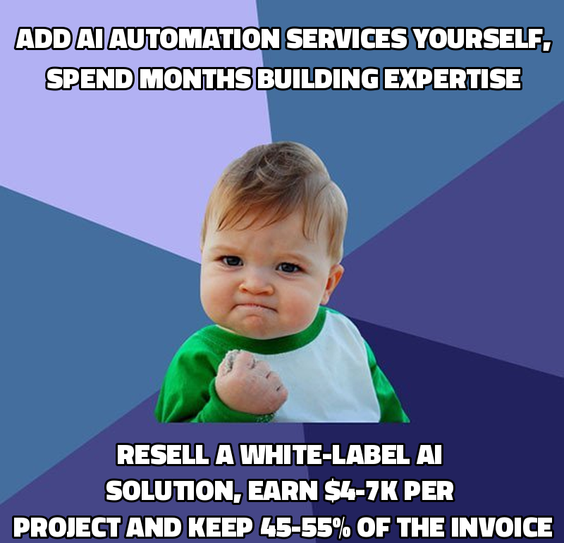 Add AI automation services yourself, spend months building expertise Resell a white-label AI solution, earn $4-7k per pr