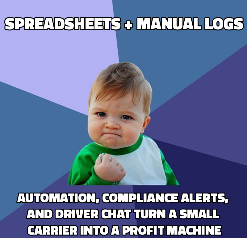 Spreadsheets + manual logs Automation, compliance alerts, and driver chat turn a small carrier into a profit machine
