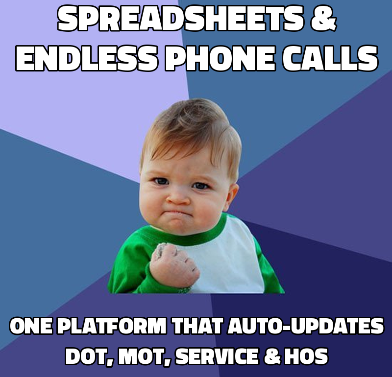 Spreadsheets & endless phone calls One platform that auto-updates DOT, MOT, service & HOS